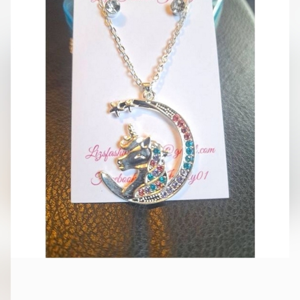 Unicorn Children Kids  Necklace in Silver Plated over ss Necklace Earrings Set